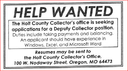 Help Wanted ad for Holt County Collector's office
